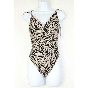 NWT SHADE & SHORE 1 Pc Swimsuit Monokini Sz M Beige Black Animal Print Lacing 02